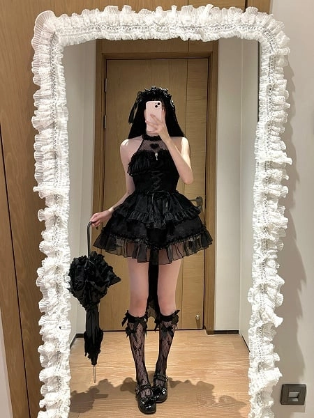 Dark Style Black Halter Neck Dress with Rhinestone Bow & Lace Details