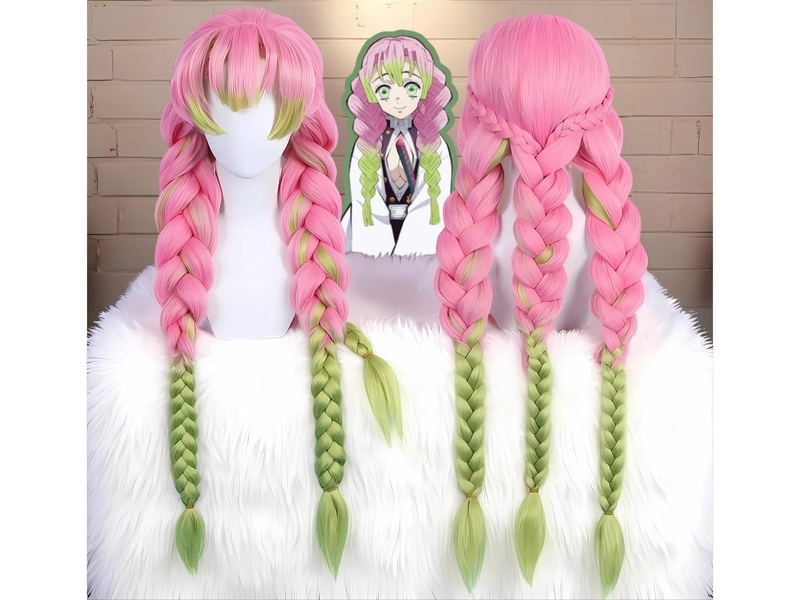 Mitsuri Kanroji Cosplay Wig, Long Braided Cosplay Wig, Halloween Cosplay, Pink and Green Cosplay Wig, Anime Inspired Costume Wig for Women