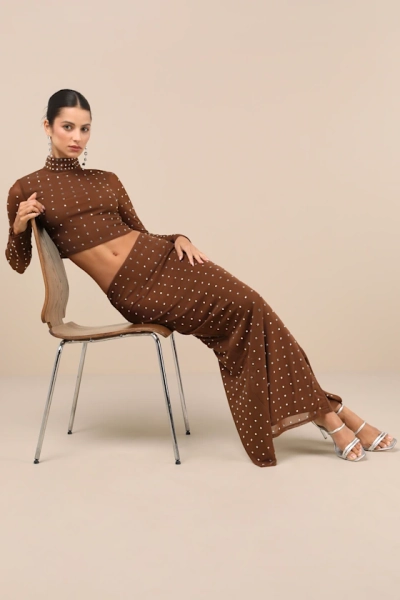 Brown Mesh Rhinestone Two-Piece Maxi Dress