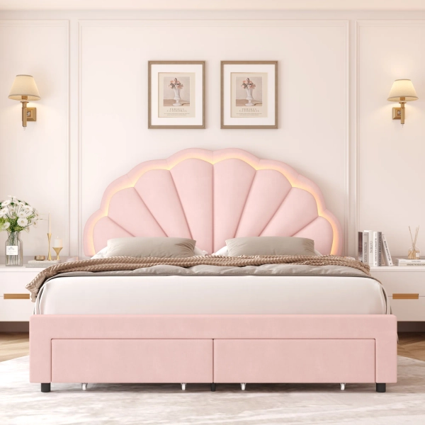 Burlyn Upholstered LED Bed Frame with Drawer & Adjustable Headboard