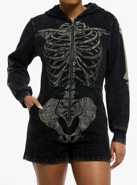 Skeleton Black Mineral Wash Hooded Romper