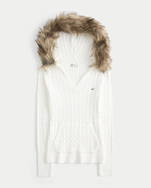 Faux Fur Trim Hooded Cable-Knit Sweater