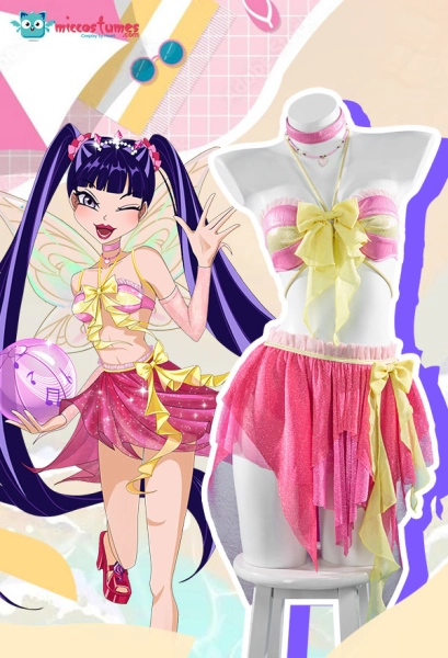 Fairy Club Musa Derivative Two Piece Swimsuit Bowknot Top and Irregular Skirt Bathing Suit with Hand Sleeves Choker