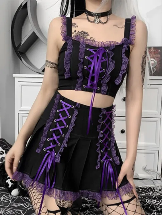 Gothic Punk Style High-Waist Mini Skirt - Lace-up Ruffles Short Skirt | Top Quality Dress for Sale