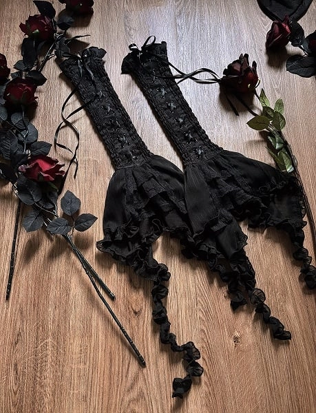 [$33.00]Black Gothic Lolita Adjustable Lace-up Bell Sleeves