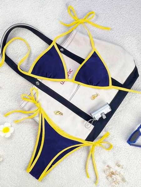 Swim Mod Traje de baño de mujer Primavera/Verano 2026, bikini de tiras finas con cuello halter, azul marino + contraste amarillo, conjunto de bikini sexc con tiras laterales en el tanga para vacaciones