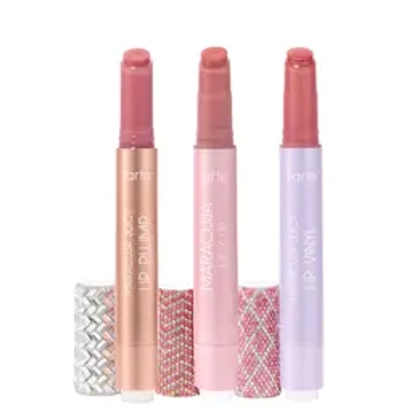tarte don't kiss & tell maracuja juicy lip trio - lip balm, plump & vinyl with limited-edition rhinestone caps