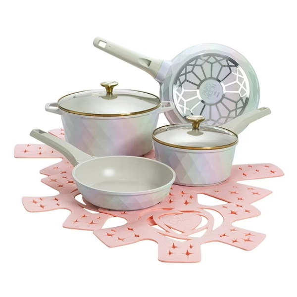Paris Hilton 10-Piece Ceramic Nonstick Cast Aluminum Cookware Set, Clean Ceramic, White Iridescent Finish