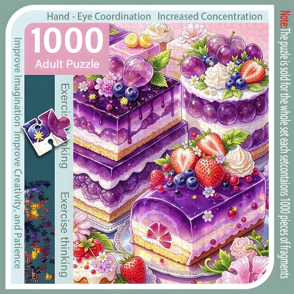 1000pcs Jigsaw Puzzle Suitable for & - Purple Grape Fruit Cake Themed with HD Picture, Challenging Brain, Grape Cake for Family, Activity, Holiday Fun Gift