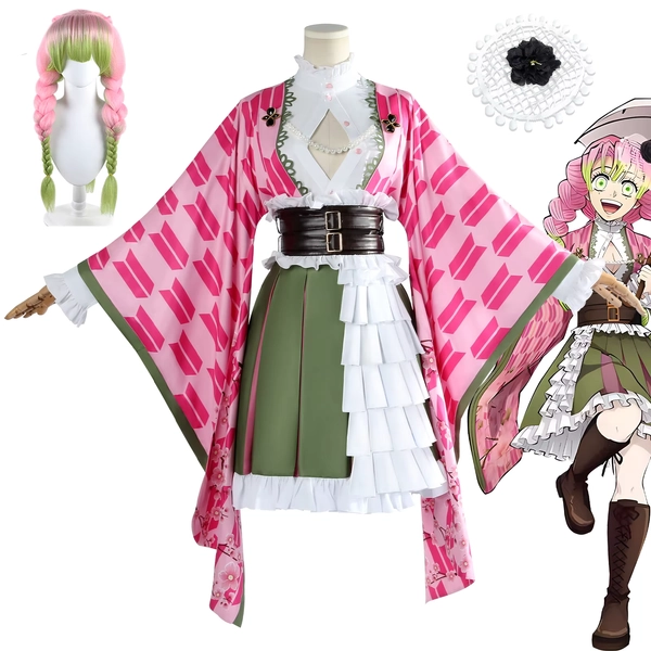 Kanroji Mitsuri Conjunto de disfraz de cosplay para mujer con peluca y cintur贸n Traje de anime para adultos de aniversario para Halloween y eventos de cosplay