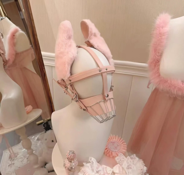 Leather Pet Mask with Ears: Pink Fluff