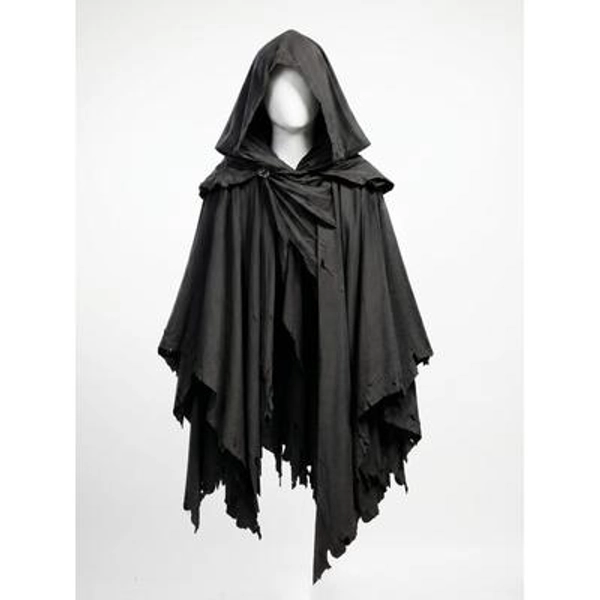 Black Hooded Wraith Cloak, Gothic Tattered Cape, Dark Fantasy Cosplay Cloak, Medieval Hooded Poncho
