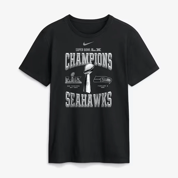 Men's Seattle Seahawks  Nike Black Super Bowl LX Champions Locker Room Trophy Collection Replica T-Shirt