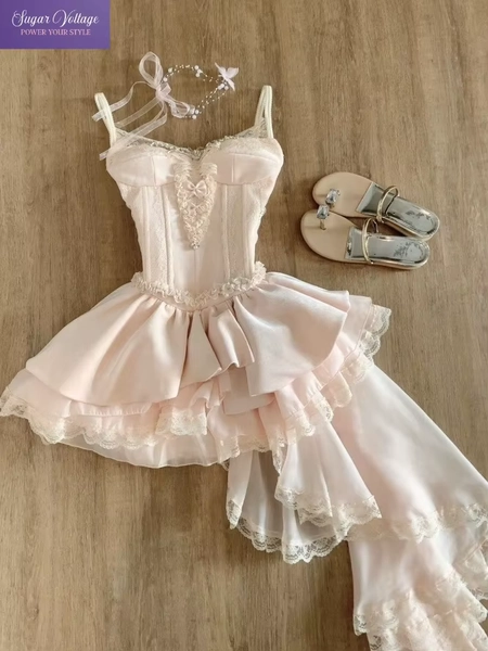 Japanese Sweet Cute Harajuku Vintage Elegant Chic Dress Women Slim Fit Lace Irregular Ball Gown Dress Casual Fashion Party Tops - AliExpress 