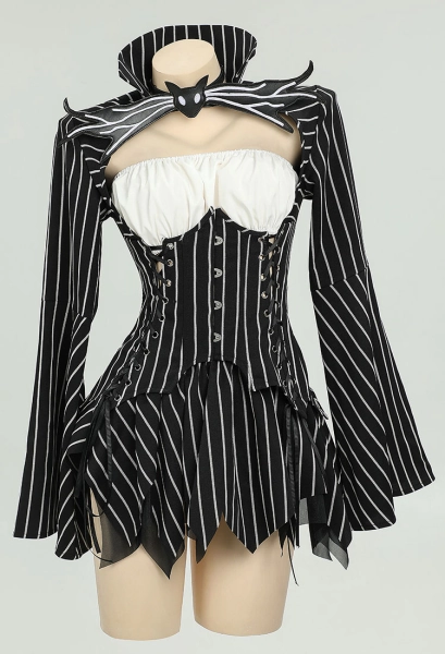 Jack Derivative Gothic Black White Stripe Costume Long SLeeve Top and Tube Top with Skirt and Gloves