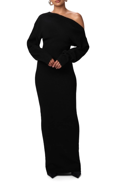 One-Shoulder Long Sleeve Maxi Sweater Dress
