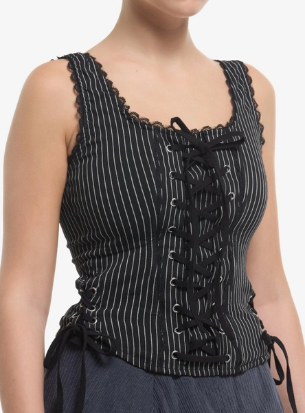 Black & White Pinstripe Lace-Up Corset
