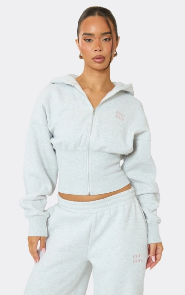 Cinched Waist Zip Up Min Min Embroidered Detail Jacket In Light Grey Marl