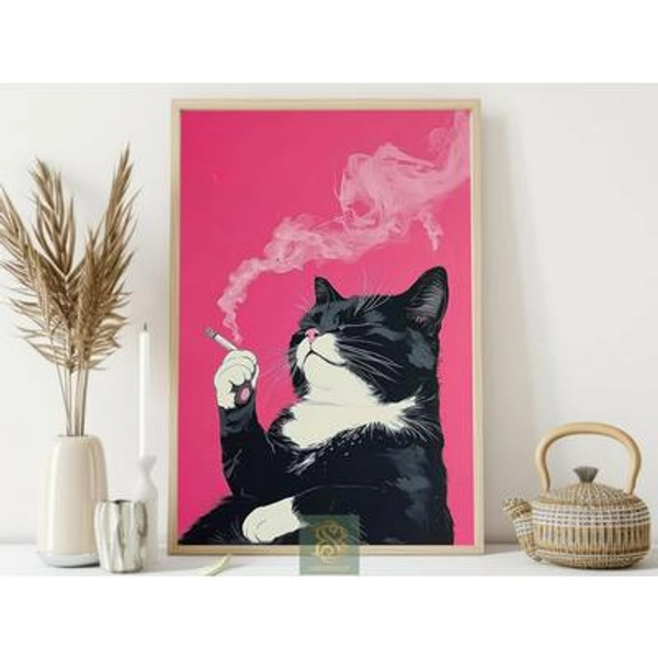 Retro Cat Smoking Poster, Pink Smoke Canvas Print