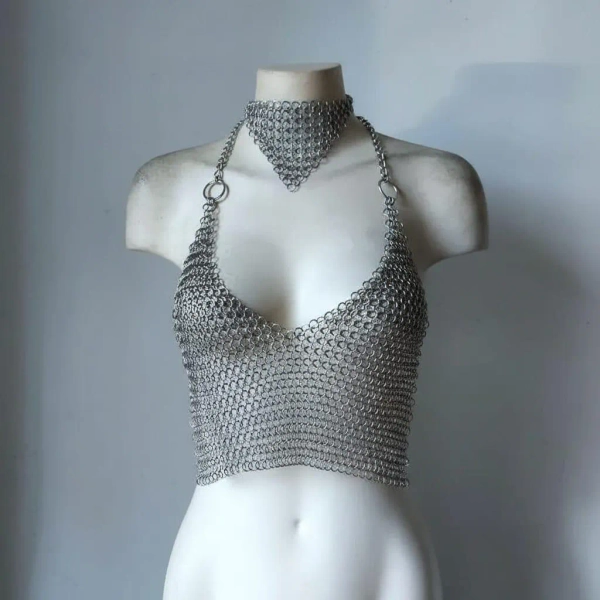 Handcrafted aluminum Chainmail Harness – Cropped Halter Top for LARP & Festival Wear