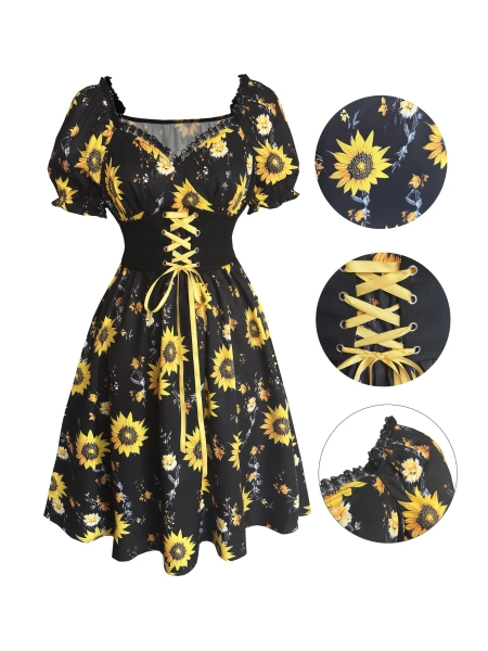 Sunflower Print Dress, Vintage Boho Bohemian Bubble Sleeve Waist Cinched Summer Floral Dress, Elegant Vacation Casual Womenswear Elegance, Boho Fashion Casual