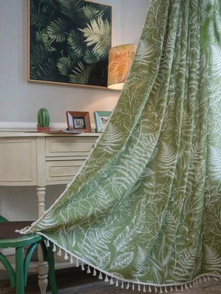 Bubaba 1pc Green Maple Leaf Print Blackout Curtain, Boho Farmhouse Style Beige Tassel Decorative Window Curtain, Suitable For Holiday Celebration, Living Room, Bedroom, Kitchen, Dining Room, All Seasons