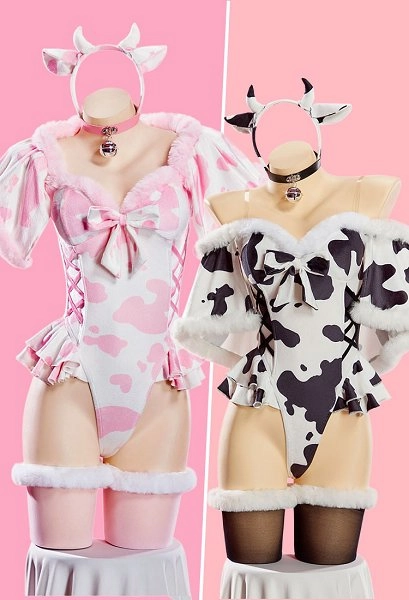 Sexy Plush Jumpsuit Outfit Cow Print High Slit Bodysuit Short Cape and Headband