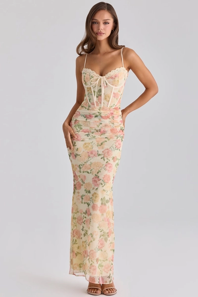 Calista Peach Floral Print Mesh Maxi Dress
