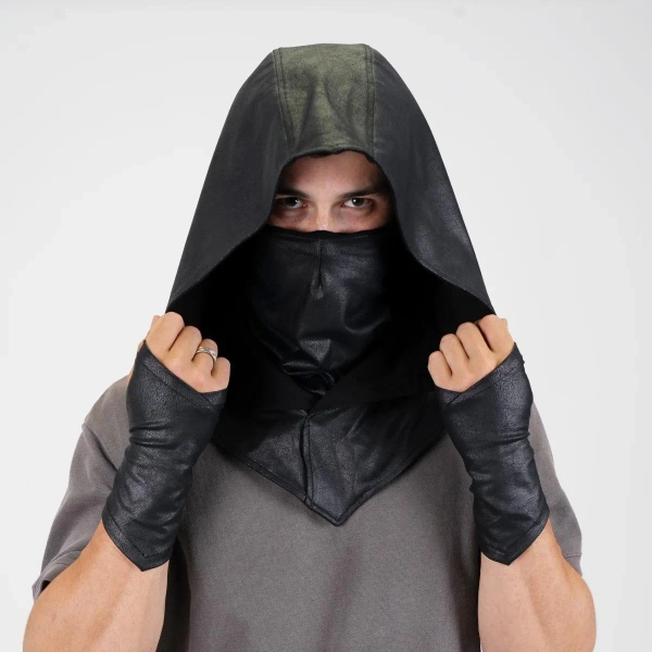 Black Leather Hood Mask Gloves Set Faux Cowl Anime Gothic Dungeon Master Screen Toolkit Shirt Cloak Gift Costume Cosplay