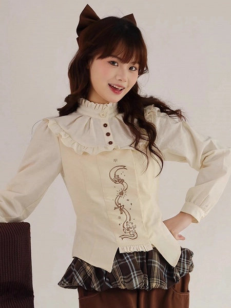 [$45.00]Beige Ruffle Neckline Sweet Lolita Blouse with Bear Embroidery