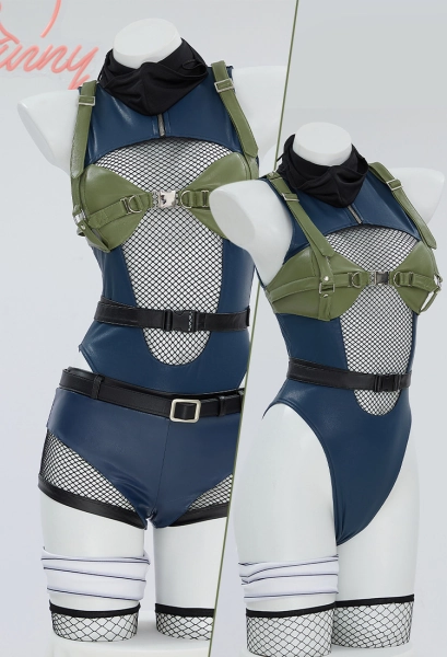 Ninja Derivative Sexy Lingerie Set Cutout Mesh Bodysuit and Shorts with Gloves Mask Cosplay Costume