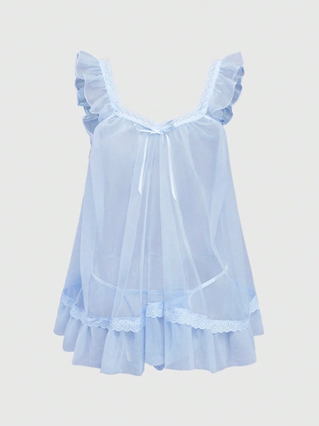 ROMWE Kawaii Cute Loose Sheer Dress, Mesh Lace Patchwork Bow Mini Dress, For Valentine's Day
