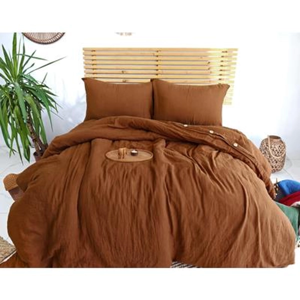 100% Turkish Cotton Muslin Bedding Set, Soft Duvet Cover with Natural Wood Buttons and Internal Cornel Ties