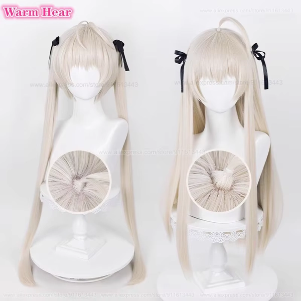 Anime Kasugano Sora Synthetic 85cm/70cm Long Straight Light Grey Golden With Silk Ribbon Cosplay Wig Heat Resistant Hair Wigs