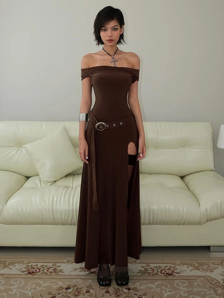Medieval Off-Shoulder Belted Slit Dress XS