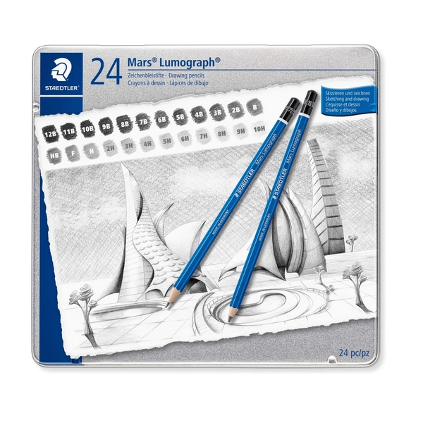 Set of 24 Staedtler Mars Lumograph Art Drawing Pencils, Break-Resistant Bonded Lead
