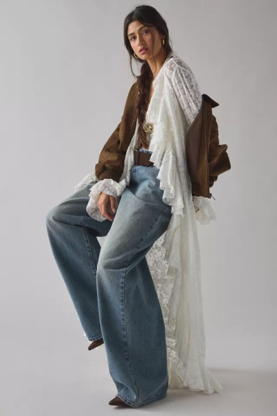 UO Selena Sheer Lace Cascading Ruffle Fluted Sleeve Maxi Top