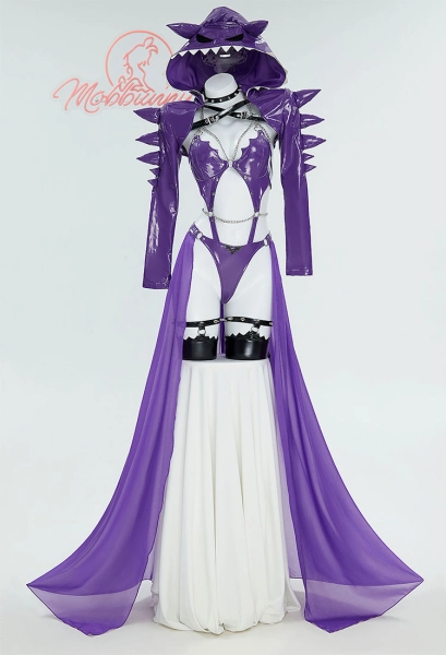 PM Derivative Sexy Lingerie Set Purple Cutout Bodysuit and Hooded Coat with Skirt and Choker