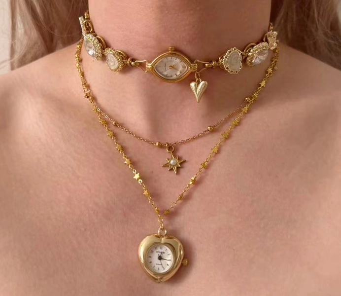 Vintage Layered Watch Necklace, Gold Oval-Dial Choker With Heart Watch Pendant, Starburst Charm Chains Watch Choker Necklace,Gift For Her