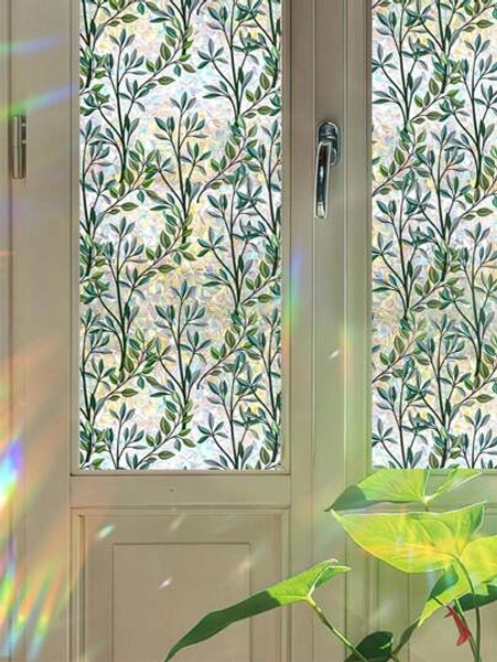  1 Roll Colorful Static Cling Glass Window Privacy Film, 3D Rainbow Vine Leaf Double-Sided Static Cling Glass Sticker, 11.84/19.68 Inch Wide, Multiple Sizes Available, Curtains For Living Room, Christmas Party, LPS Christmas Backdrop
