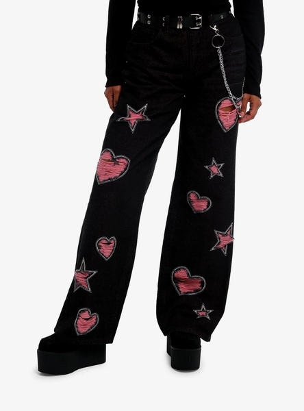 Black Pink Heart & Star Distressed Belted Wide Leg Jeans
