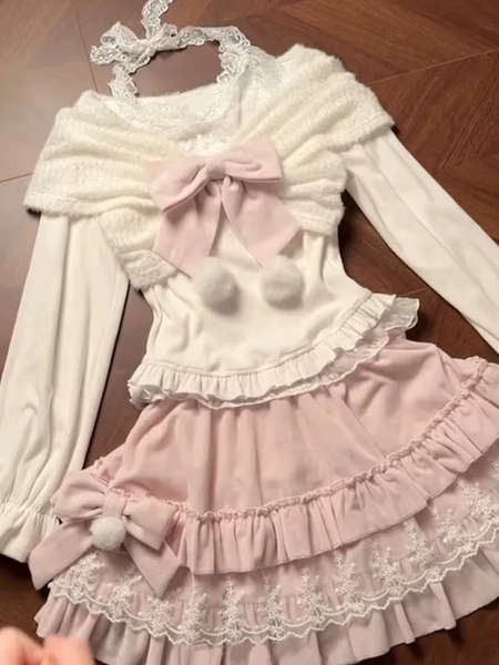 2026 Japanese Sweet Lolita 2 Piece Set Lace Patchwork Tops + Fluffy Cake Skirt New Fashion Kawaii Pink Slim Outfits Women Spring - AliExpress 200000345