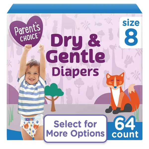 Parent's Choice Dry & Gentle Diapers Size 8, 64 Count (Select for More Options)