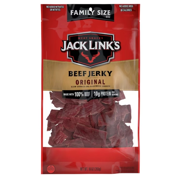 Jack Linkβs Beef Jerky, Made with 100% Beef, Original Flavor, 10g of Protein per Serving, 10 Ounce Bag