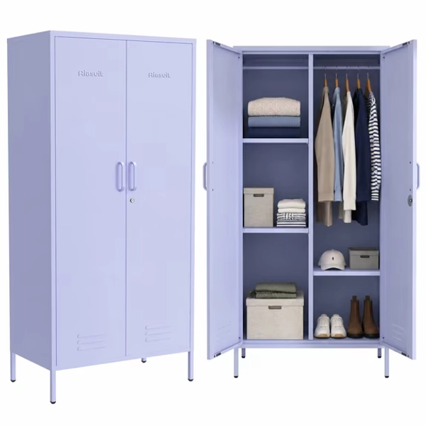 Industrial 67" Purple Lockable Metal 2-Door Storage Cabinet, Multi-Purpose Wardrobe with Hanging Rod & Adjustable Shelves, Heavy Duty for Bedroom, Garage, Home Office 67"H X 31.5"W X 18.1"D