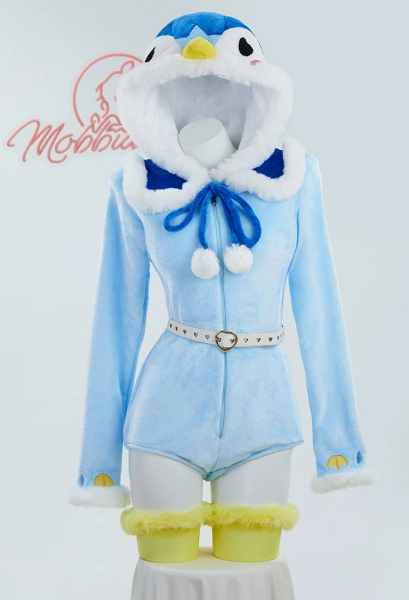 PM Derivative Kawaii Fluffy Bodycon Romper Blue Plush Bodysuit Long Sleeve Hooded Jumpsuit with Cape Belt