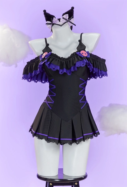 Anime Doll Derivative One-piece Swimsuit Cute Ruffled Halter Bathing Suit and Headband