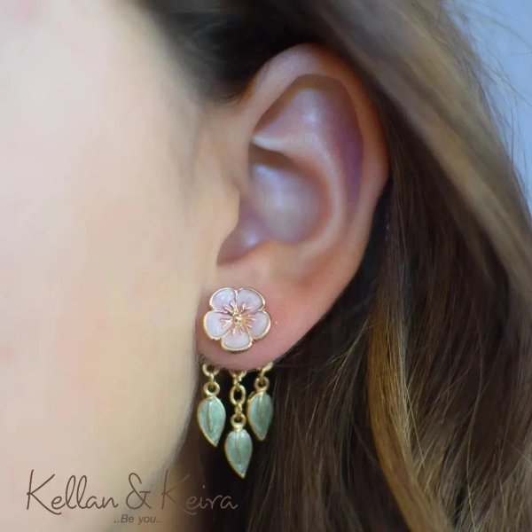 Original Design Pink Cherry Blossom Studs With Dangling Green Leaves Front Back Style Hypoallergenic Nickel Free Ear Jackets Stylish Jewelry - Etsy Canada