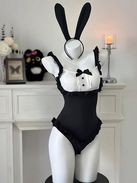 Tutine sexy da coniglietta con coda e bottoni - Lingerie sexy da adulti per ruoli divertenti, primavera