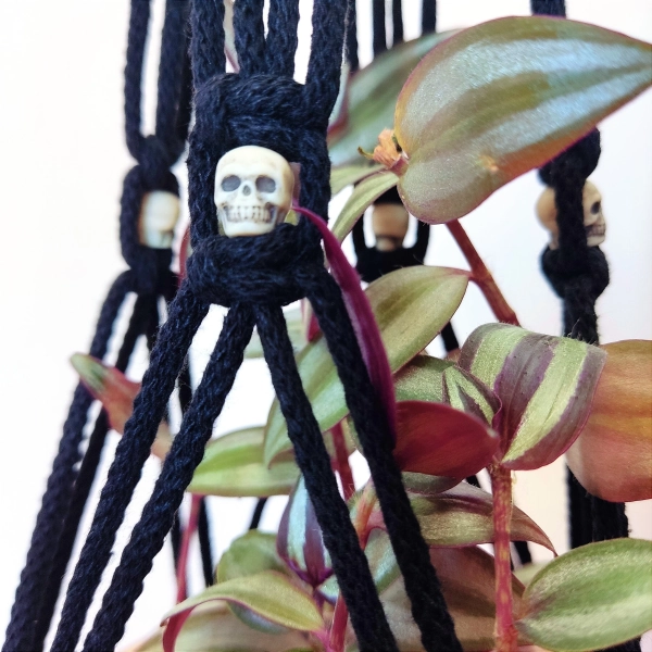 Black Macrame Plant Hanger with Skull Beads: Gothic Spooky Decor